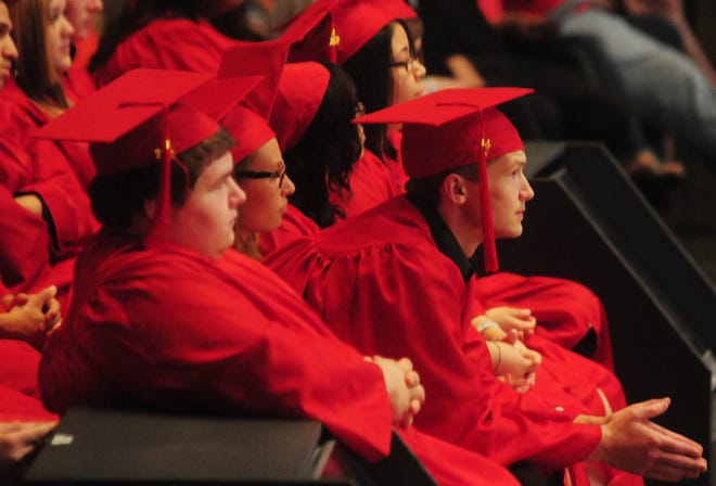 Students listen to speeches at VR Tech's Commencement Ceremony Tuesday night at Ridgepoint Church.