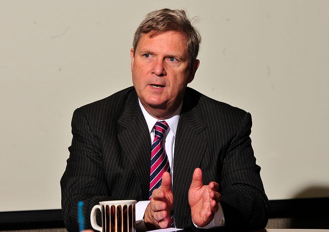 In this 2011 Journal Star file photo, U.S. Agriculture Secretary Tom Vilsack speaks to the Journal Star about a wide range of issues concerning budget cutbacks and farm programs, oil vs. ethanol political posturing, international relations concerning food safety, and school food programs.