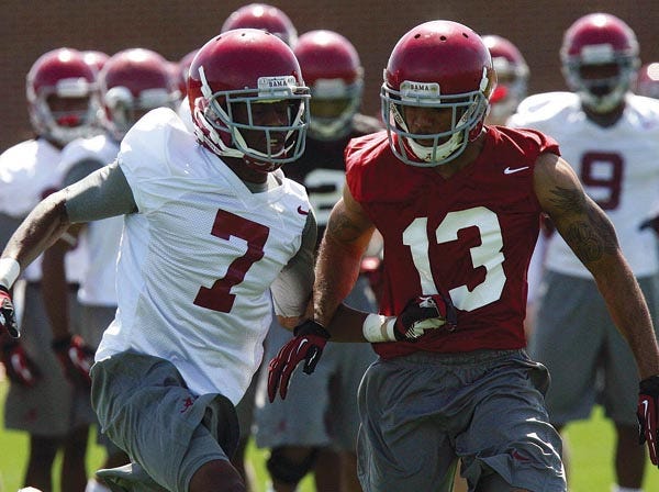 Alabama’s Kenny Bell (7) and Deion Belue work during Alabama’s first practice of the spring Saturday.
(Michelle Lepianka Carter | Halifax Media Group)