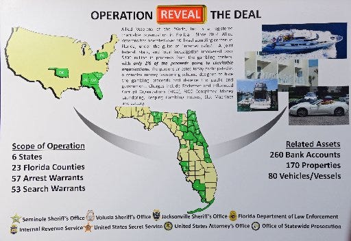 One of the charts presented at the press conference showing the scope of the investigation and some of the assets seized.