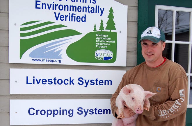 Brad Blonde holds a 6 week old pig being cared for at Blonde Farms. NANCY HASTINGS PHOTO