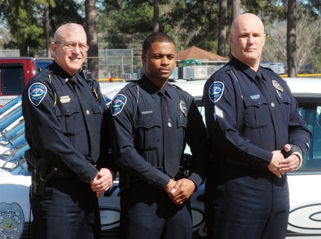 From left, Lt. Brian Borton, Patrol Officer Loren Boone and Sgt. Jim Fahnestock, all injured during a Feb. 14 shooting, will be honored with medals at Monday’s Havelock Board of Commissioners meeting.