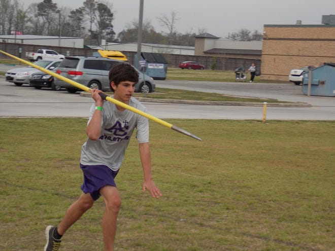 Freshman Hayes Rousseau launching to throw the javelin at the Griffin Invitational earlier this season.