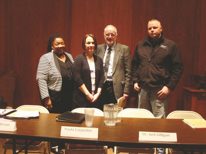 Four people from across Illinois elected to discuss the issues and possible solutions to gun safety for 
educational purposes March 20. Pictured above, from left: Nicole Anderson, Illinois Council Against Handgun Violence outreach coordinator; Paula Carpenter, Peoria School District 150 school psychologist; Dr. Jack Gilligan, Fayette Cos. president and CEO; and Eureka resident Jason Jording, an NRA certified firearms instructor.