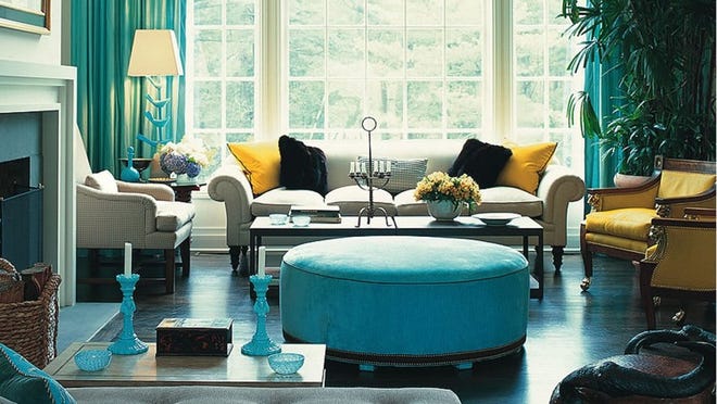 A surprising touch of turquoise can fast-forward a mostly traditional living room into the 21st century.Courtesy Jamie Drake Designs