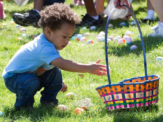 Terrence Porter, 17-months-old, picks one of the 25,000 plastic Easter eggs during one of the many egg hunts Saturday. Hundreds of children took part in the 13th Annual PAAS Eggstravaganza at Tuscawilla Park Saturday morning, April 7, 2012. Children also got to decorate eggs, cookies and ride the ponies along with a train.