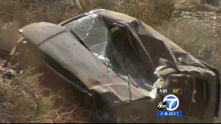This video frame courtesy of KABC TV in Los Angeles shows the Sunday crash of an SUV in Action, Calif. A 9-year-old girl crawled out of the mangled SUV, climbed out of a canyon and walked about a mile in the middle of the night to find help after surviving the crash that killed her father in Southern California, authorities said.