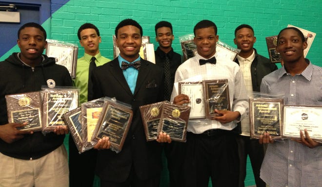 Shelby High basketball award winners included, from left: Mon'Darius Black, Donte Falls, Gabe DeVoe, Chris Wray, Cedric Cannon, Spencer Clark and Donte Dorsey.