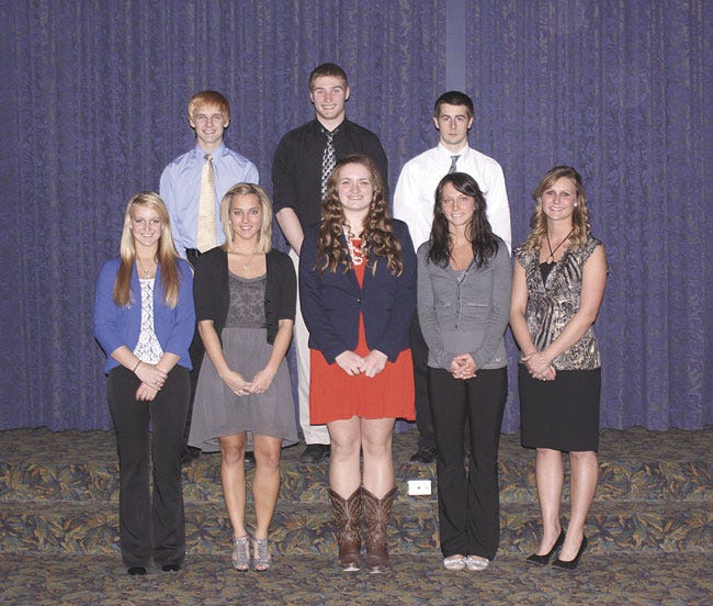 Recently the SJV named their Scholar Athletes. Pictured in front from left, Katie Logan (Centreville), Kayla Mishler (White Pigeon), Shelby Harrison (Mendon), Amanda Lovell (Mendon) and Kylei Ratkowski (Bronson). Back, Caleb Logan (Centreville), Robbie Gibson (White Pigeon) and Mason Friedel (Bronson).