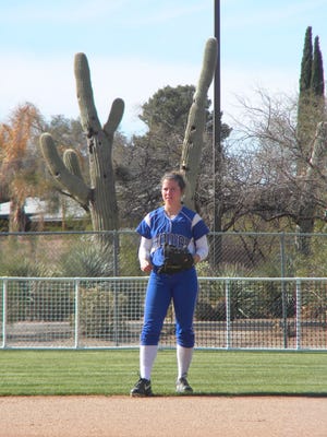 Chowan softball’s Leigh Ward prepares to play defense during a game at the NFCA Leadoff Classic in Tucson, Ariz. Earlier this season. Ward, a Pamlico County graduate, is seventh in the CIAA with a .459 batting average, and second with 21 stolen bases.