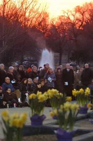 Large crowd attends the 82nd annual Easter Sunrise Service, at the Lakeview Memorial Park, on Route 130 North in Cinnaminson. The service was hosted by the Triboro Ministerial Association, a group of clergy from Cinnaminson, Palmyra and Riverton.