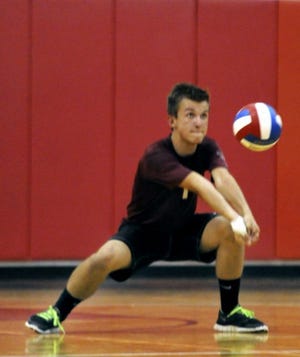 Ambridge's Cody Brooks dig the ball during a WPIAL playoff game.
