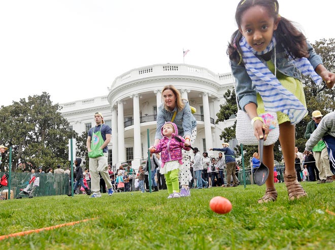 Children participate in the annual White House Easter Egg Roll on the South Lawn of the White House inWashington, Monday, April, 1, 2013. (AP Photo/Pablo Martinez Monsivais)