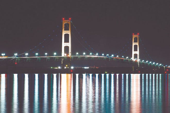The Mackinac Bridge as it appeared in 2012 during the “Light It Blue” campaign.