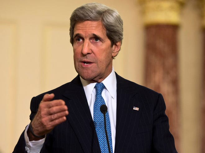 In this April 2, 2013 file photo, Secretary of State John Kerry speaks at the State Department in Washington.