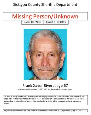 The flyer being distributed by the Siskiyou County Sheriff's Department about a missing Mount Shasta man, Frank Rivera.