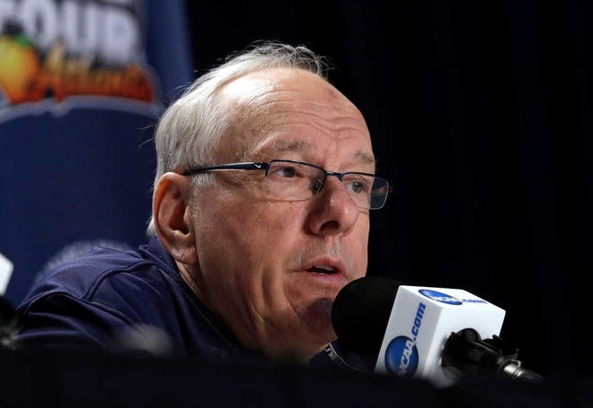Syracuse head coach Jim Boeheim speaks to the media during a news conference at the Final Four of the NCAA college basketball tournament, Thursday in Atlanta.
