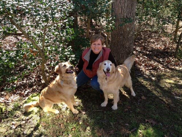 Holly, left, and Daisy, right sit with Gloria Sherman. Sherman recently wrote a childrens book about the adventure of her two dogs Holly and Daisy. (Submitted by Gloria Sherman).