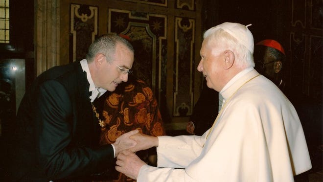 Pope Benedict XVI appointed Robert Buchanan (left) of Austin to the Pontifical Academy for Life. Buchanan is chief of functional and restorative neurosurgery and neuroscience at the Seton Brain and Spine Institute. The pontiff and Buchanan are seen in this 2011 photo at a celebration in Vatican City marking the 50th anniversary of ordination to the priesthood of Cardinal Francis Arinze.