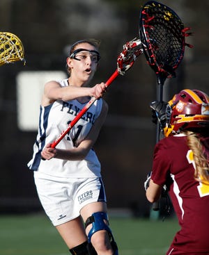 Framingham's Katherine Cohen (left) takes a shot on the Weymouth goal in Friday's lacrosse game at Framingham High.