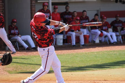 Special to the Star

GWU's Scott Coleman catches up with a pitch for a solo home run in the second inning in the 'Dogs 4-2 win over Charleston Southern Saturday in Boiling Springs.