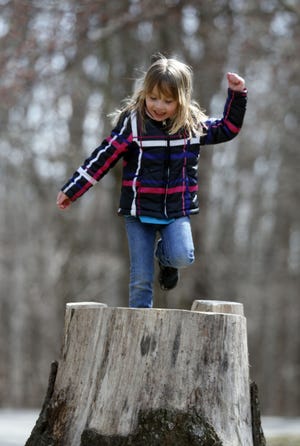 A stump becomes a dance floor for 5-year-old Kiera Browning at Highbanks Metro Park. Kiera and her father, Sean, went to the park last week to play and watch birds.