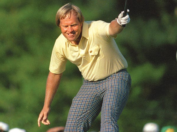 Jack Nicklaus watches his putt drop for a birdie on the 17th hole at the 1986 Masters.
(Phil Sandlin | Associated Press)