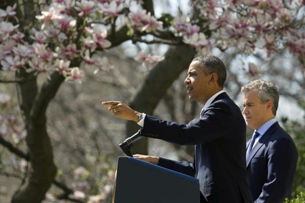 President Barack Obama, accompanied by acting Budget Director Jeffrey Zients, speaks in the Rose Garden of the White House in Washington, Wednesday April 10, 2013, to discuss his proposes fiscal 2014 federal budget.