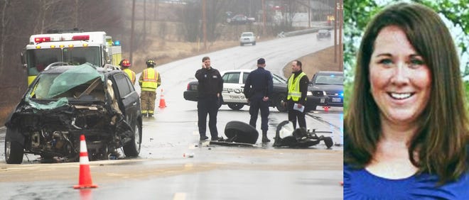At left, emergency personnel work at the scene of a fatal head-on car crash on Route 4 in Berwick, Maine, Monday morning. At right in Amy Harris, the 34-year-old mother and teacher killed in the accident.