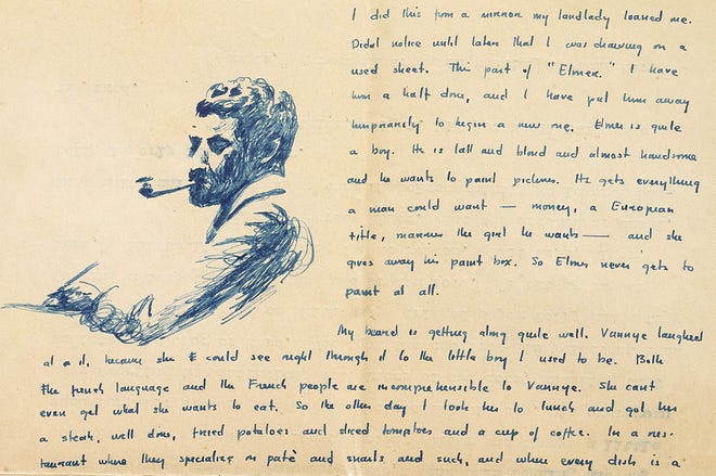 This undated photo provided by Sotheby's shows a details of a letter William Faulkner wrote to his mother from Paris in 1925 with a drawing of himself with a beard, and describing the difficulty of ordering a meal in a restaurant. Manuscripts and personal letters of the late author, whose original writings are a rarity in the literary marketplace, can be viewed Wednesday, April 10, 2013, at Sotheby's in New York - an event to whet the appetites of scholars ahead of a June 11 auction. (AP Photo/Sotheby's)
