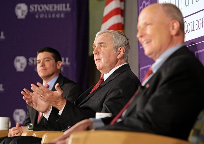 Republican candidates for U.S. Senate, from left, Gabriel Gomez, Michael Sullivan and state Rep. Daniel Winslow, appear at a forum at Stonehill College in Easton on Tuesday, March 12, 2013.