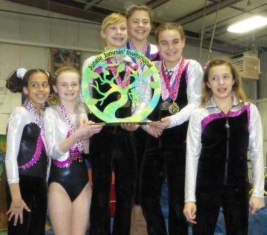 The Central Bucks Gymnastics Level 7 team won first place at the Jungle Jammin Invitational. Team members include (from left) Izzy Guida, Emma Severn, Megan Lengel, Sydney Carr, Gabriella Oliviera and Juliette Hopkins.