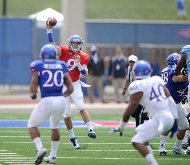 Jake Heaps, who started 16 games for BYU, will take over as Kansas' starting quarterback in Saturday's spring game.