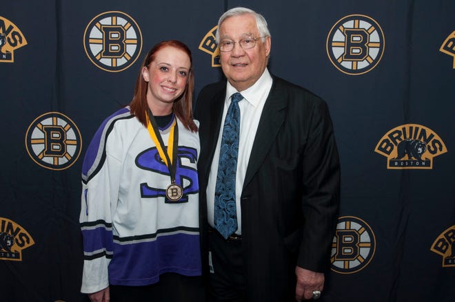 Tewksbury resident and Shawsheen Valley Technical High School ice hockey player, Meg Mader, was recently honored by the Boston Bruins and the MIAA. Mader met Bruins alumni and Hall of Famer Johnny Bucyk at the event.