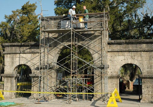 Rehabilitation work on the Weeping Arch at historic Cedar Grove Cemetery in New Bern is underway, under the direction of restoration specialist Jack Peet and his staff from Williamsburg, Va.