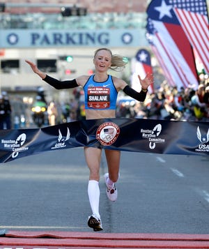 Marblehead native Shalane Flanagan, shown in 2012 at the U.S. Olympic Trials, is one of the favorites to win today's Boston Marathon.