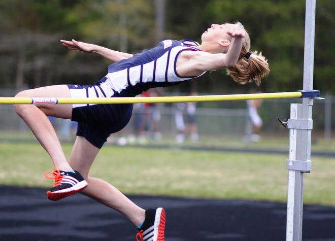 Swansboro's Abby Taylor won the high jump at 4 feet, 10 inches to help the Pirate girls win the Onslow County track meet Monday. White Oak won the boys' meet.