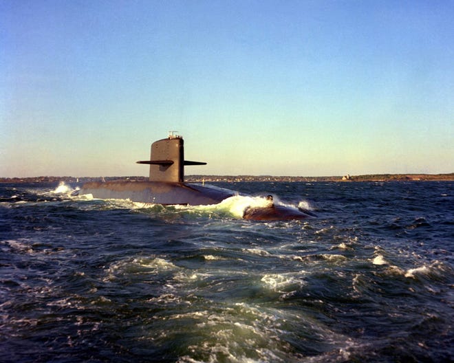 A starboard bow view of the nuclear-powered strategic missile submarine USS George Bancroft (SSBN 643) underway on Oct. 27, 1985. Bancroft was commissioned in 1966 and decommissioned in 1993. The Bancroft's sail is now a memorial outside the 
Franklin Gate at Naval Submarine Base Kings Bay.