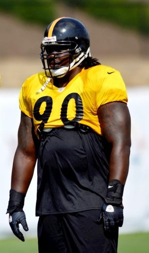 Nose tackle Steve McLendon during Pittsburgh Steelers training camp at St. Vincent College in Latrobe, Pennsylvania, on Wednesday, August 1, 2012.