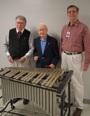 From left are Gadsden State Show Band Director Rip Reagan, Joe Keracher and GSCC music instructor J.T. Harrell, shown with the vibraphone Keracher is donating to the band. (Special to The Times)