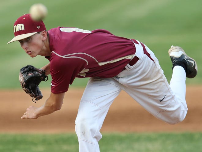 North Marion’s Kyle Kalbaugh throws a pitch against Buchholz in Sparr on Thursday.