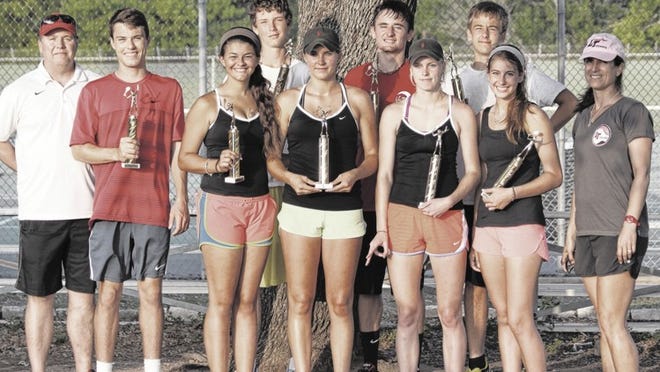 The district’s top finishes from the Lake Travis tennis team are: (from left, back row) BG Slay, Erik Kerrigan,Tristan Wise andTyler Wilkie; (front row): Remi Immler, Ryan Brown, Courtney Schulte and Carli Knezevich. Not pictured are Adam Dokos and Nick Ruzicka.