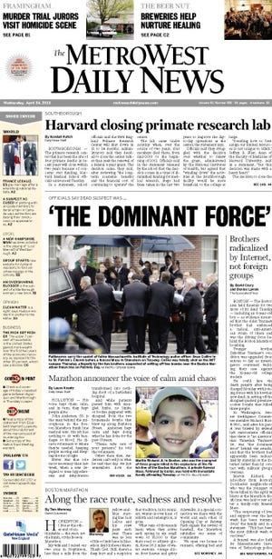 Front page of the MetroWest Daily News for 4/24/13