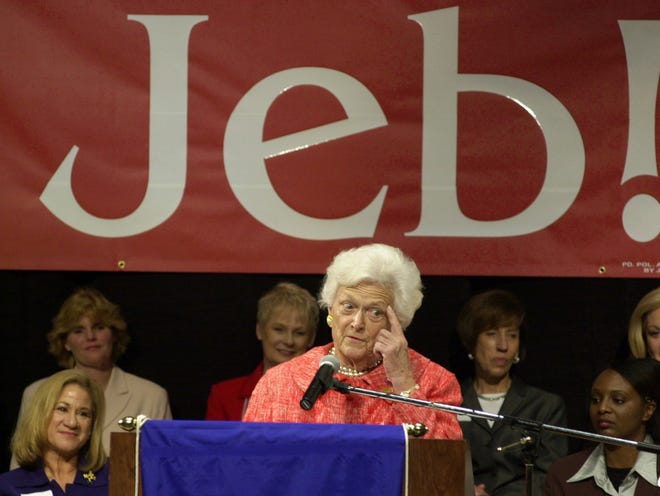 - In this Oct. 22, 2002, file photo former first lady Barbara Bush makes a point as she campaigns for her son, Florida Gov. Jeb Bush, at Nova Southeastern University in Davie, Fla.