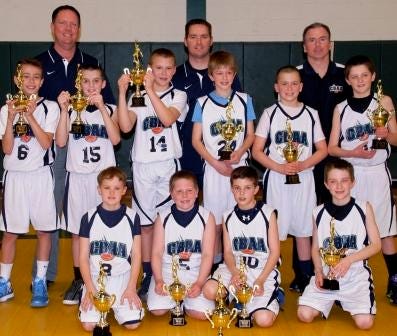 The CBAA Blue Devils won the ICBA Northeast Division, Ewing League and Readington Holiday Christmas Tournament championships. Team members include (front row, from left) Bryan O'Neill, Ethan Embry, Shane Kennedy and Brendan Harte. In the second row are Blake Wiegers, Anthony Giordano, Nick Bitsko, Jack Hamilton, Dan McBryan and Teddy Spratt. In the third row are coaches Mike Harte, Kevin O'Neill and Mike McBryan.