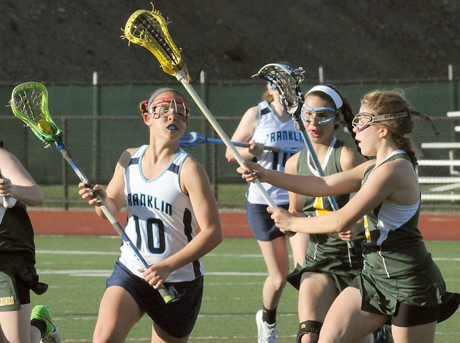 Franklin's MacKenzie Pleshaw moves the ball against King Philip's Jen Lacroix and Ashley Avery (right) during the Panthers' easy victory Wednesday.