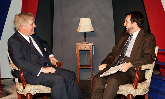 From left, Jonathan Young as Richard Nixon and Christopher Crossen-Sills as David Frost in Curtain Call Theater's production of "Frost/Nixon."