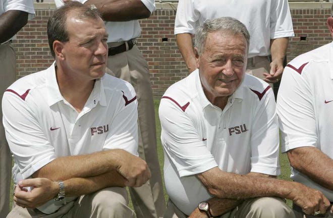 Associated Press Then-FSU football coach Bobby Bowden and current coach Jimbo Fisher are shown during media day in 2009. Bowden will attend two games in 2013.