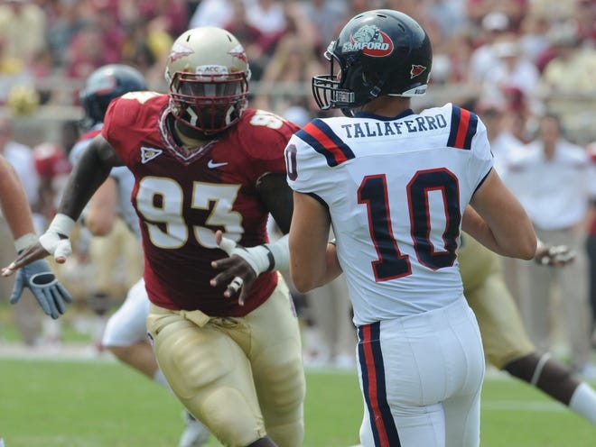 Florida State's Everette Dawkins (93), a former Byrnes standout, was selected in the seventh round by the Minnesota Vikings on Saturday.