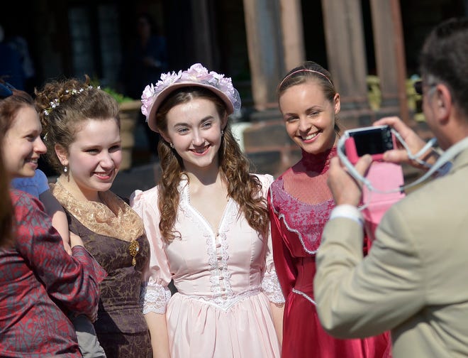 From right, Sarah Wormer, Taylor Wallace, and Paige Gagliardi, dress in period clothes at the centennial celebration at Sonnenburg Gardens.